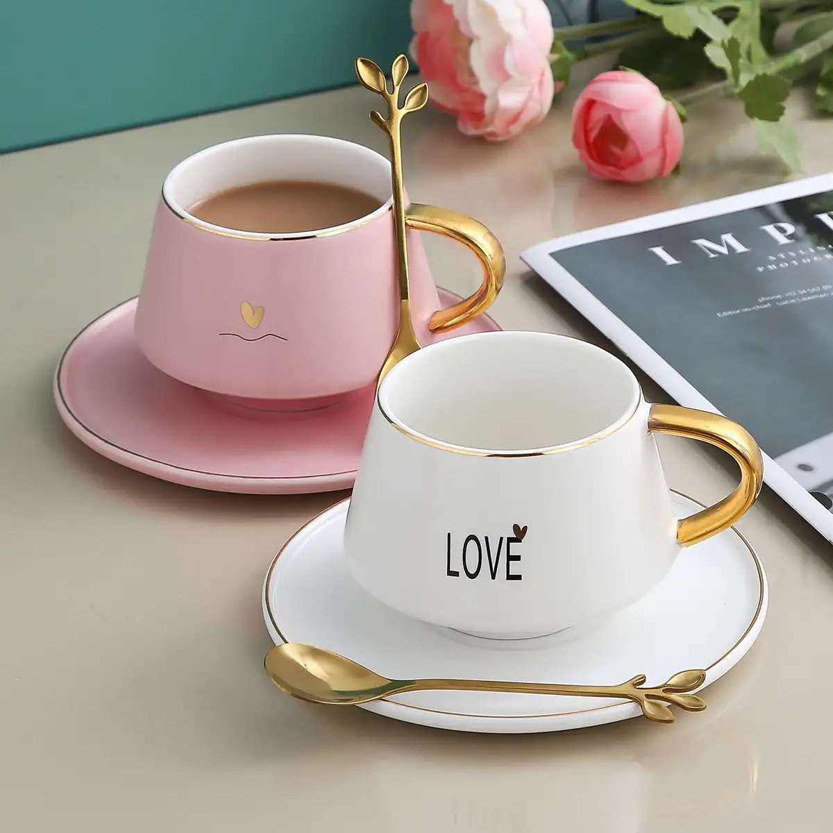 Macaron coffee cup with gold coffee cup and saucer