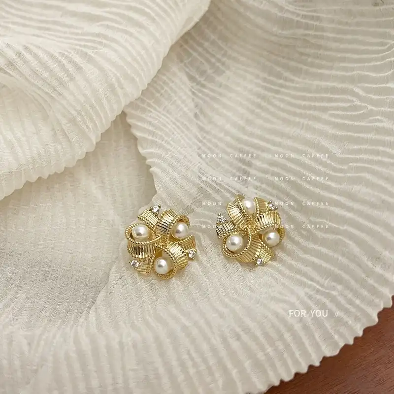 925 silver needle metal texture zircon pearl flower ball stud earrings