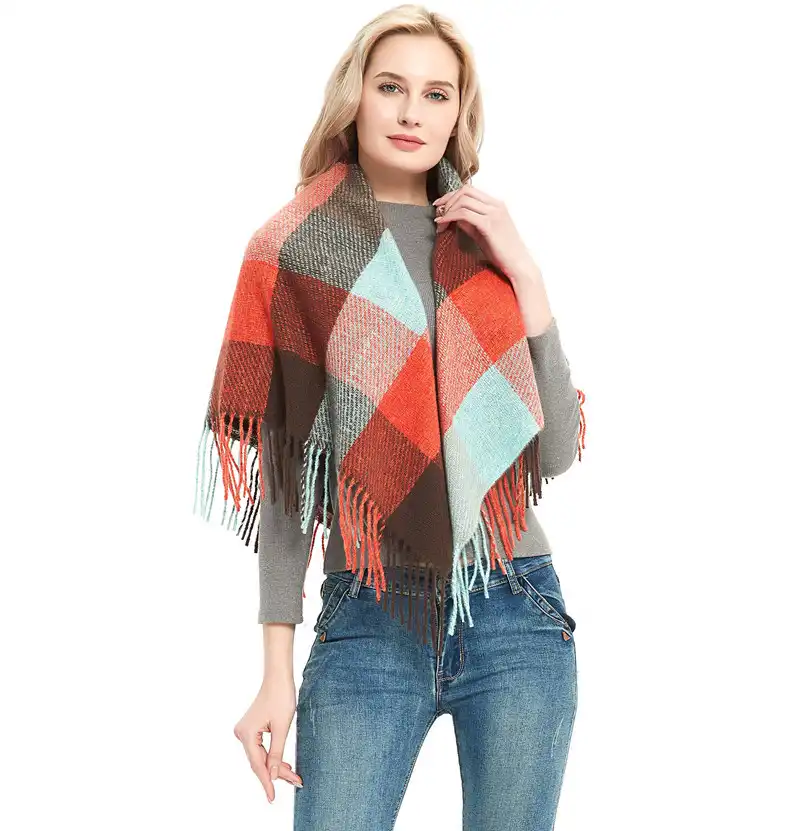 Autumn and winter new polyester bristle long tassel check square shawl