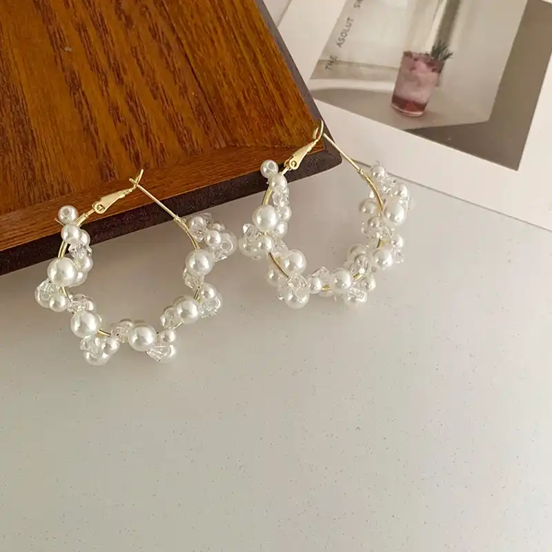 French Crystal Woven Pearl Hoop Korean Earrings