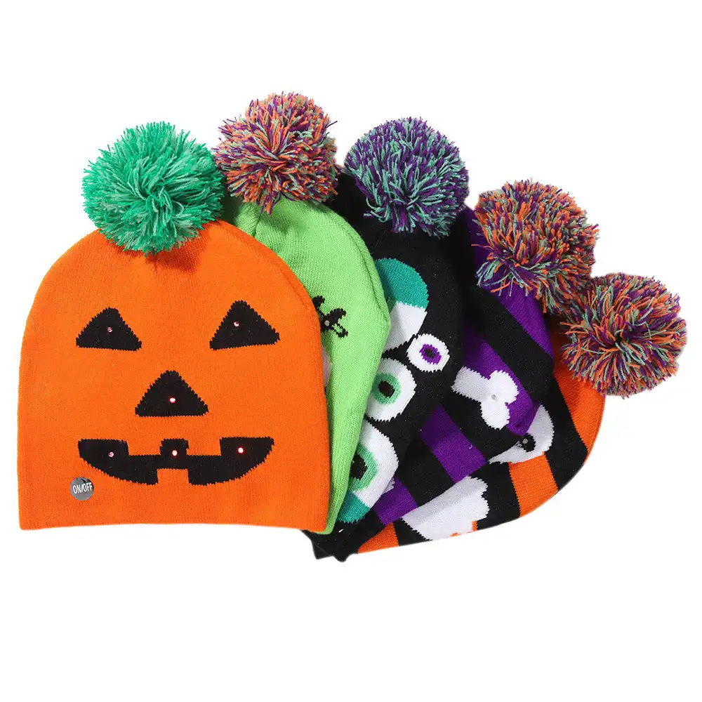 Halloween glowing knitted hat party supplies pumpkin ghost with light cap