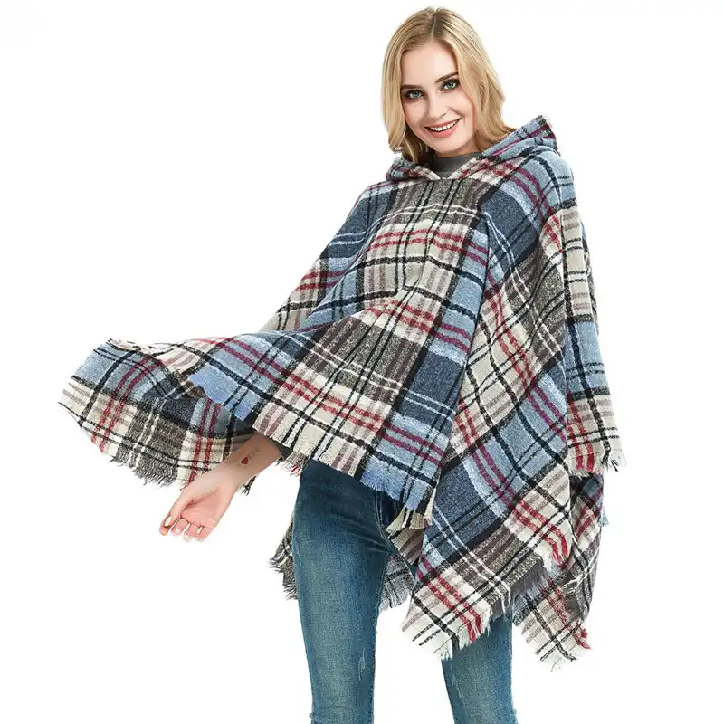 Cloak spring and autumn winter new bristle hedging plaid hooded cape shawl