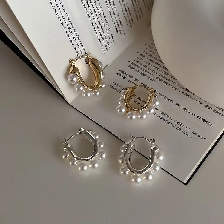 Retro Irregular Metal Pearl Earrings Female Korean Temperament Earrings