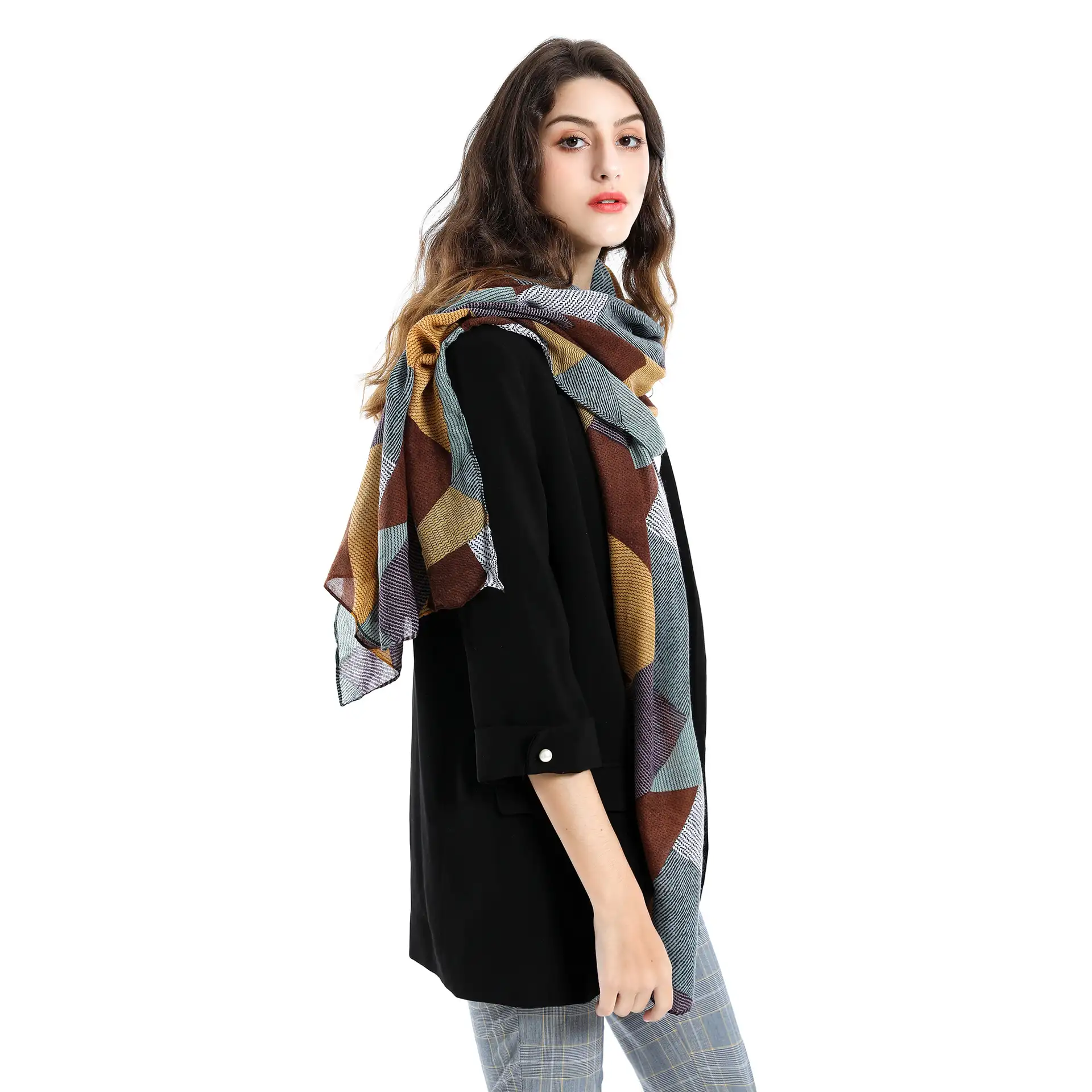 Colorful irregular geometric pattern street fashion wild cotton and linen scarf