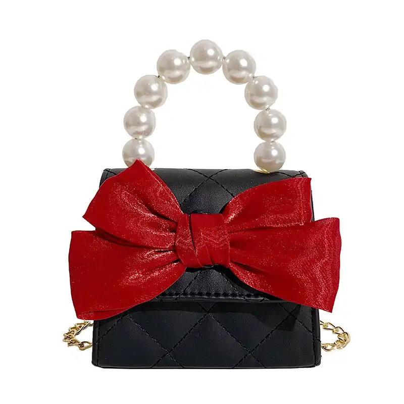 Fashion style embroidery rhomboid bow pearl chain portable leisure bag