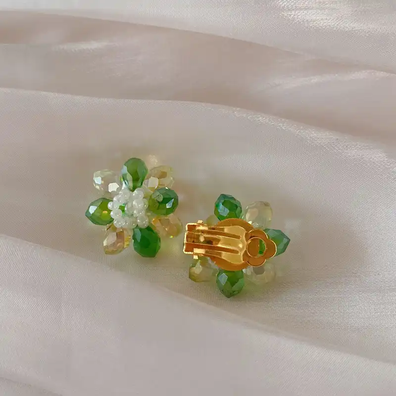 Handmade Beaded Green Crystal Glass Stud Earrings Literary Earrings