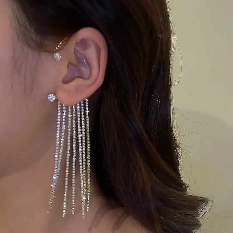 Earhoop Earrings Long Super Glitter Zirconia Tassel Earrings