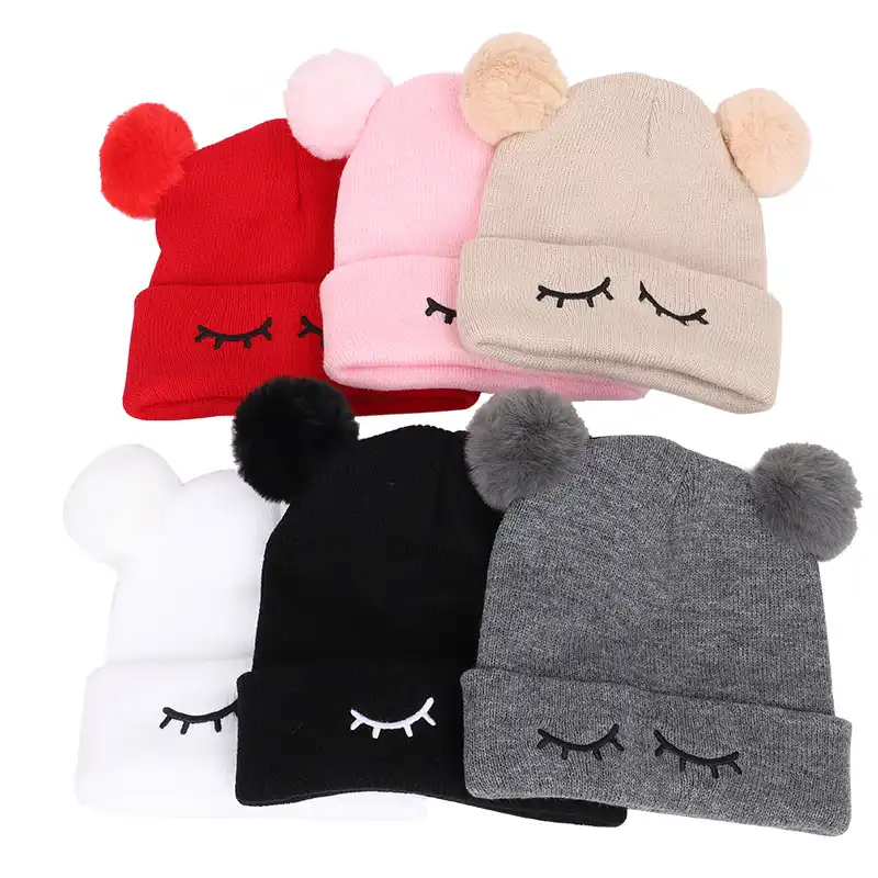 Autumn and winter children's woolen caps wink bear embroidery double wool ball children's warm cap