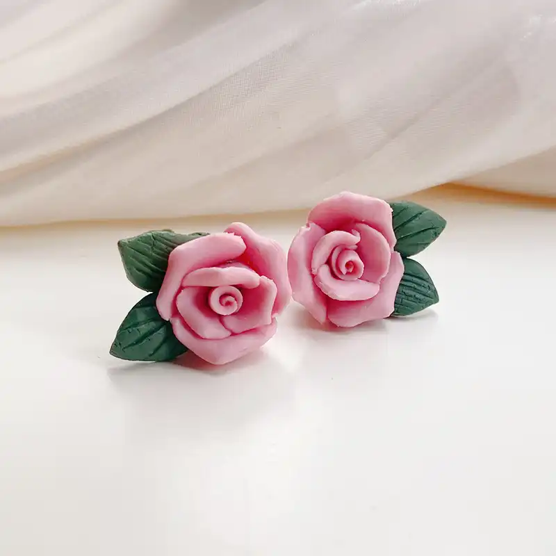 Pink Ceramic Rose Stud Earrings Oil Painting Romantic Earrings Wholesale