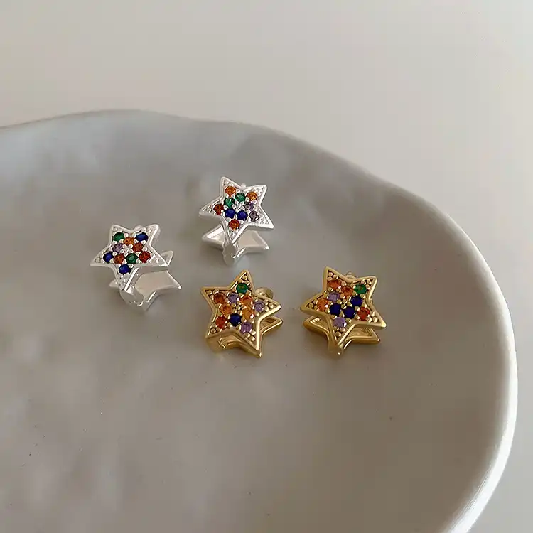 Colorful zircon matte metal five-pointed star stud earrings Simple and versatile earrings