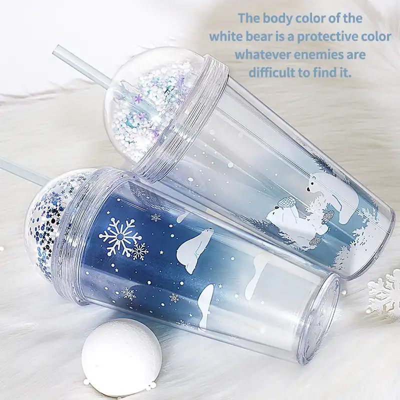 Cute white bear straw cup water cup round lid double layer sparkle cup