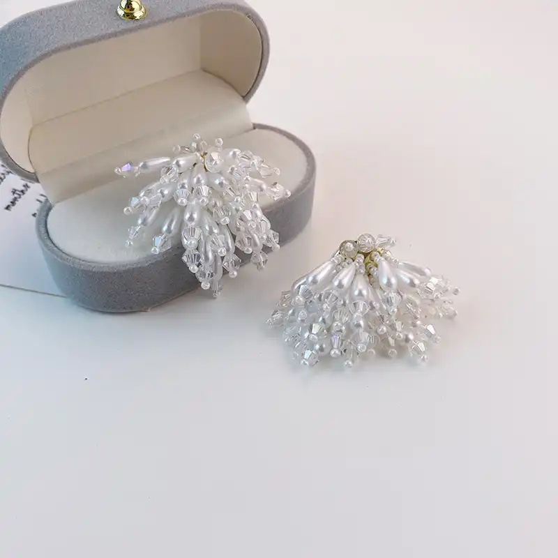 White Tassel Handmade Beaded Stud Earrings Women Earrings