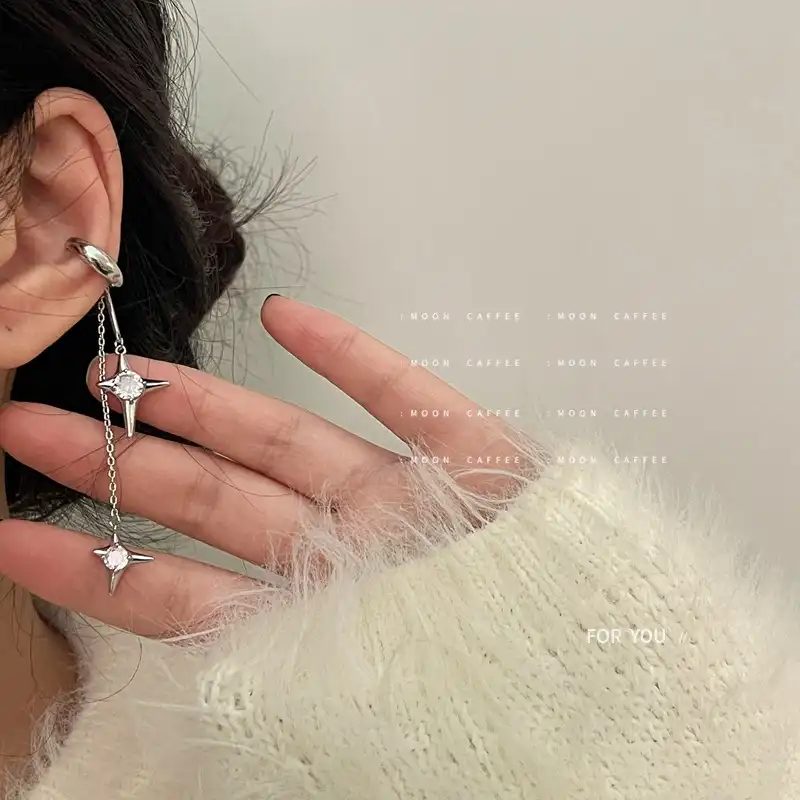 Cross zircon tassel pierced ear clip design sense earrings