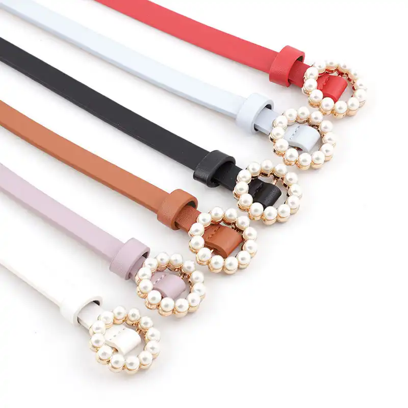 Korean fashion wild lady smooth buckle belt round inlaid decorative pearl belt female