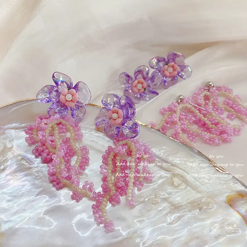 Handmade Beaded Wisteria Flower Tassel Stud Earrings Purple Flower Ear Jewelry