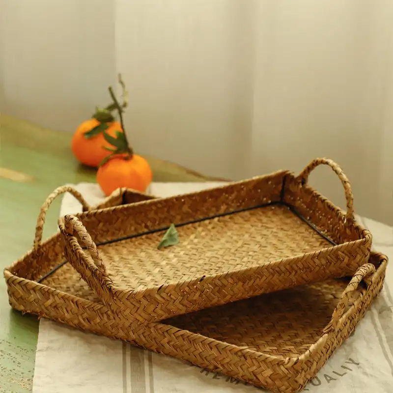 American pastoral retro hand-made fruit tray straw woven tray rectangular storage basket