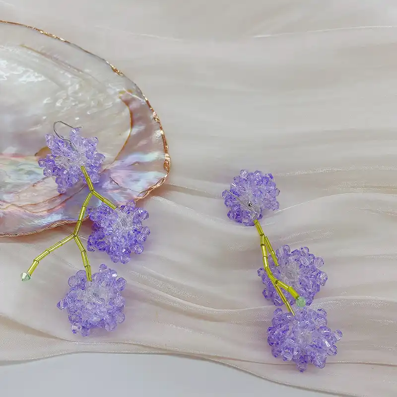 Purple Crystal Branch Bud DIY Earhook Personalized Versatile Ball Shaped Earrings