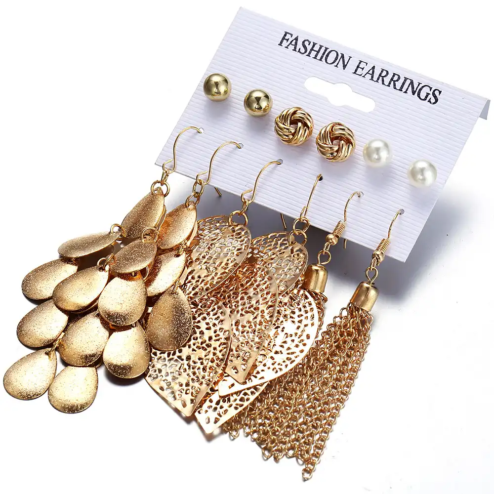 6 Pairs Plate Pearl Ear Studs Set Hollow Leaf Woven Earrings
