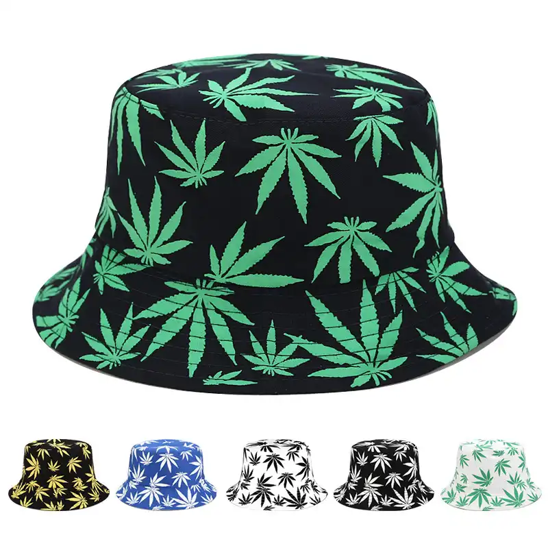 Maple leaf printing double-sided wearing fisherman hat hemp leaf hat outdoor sun hat