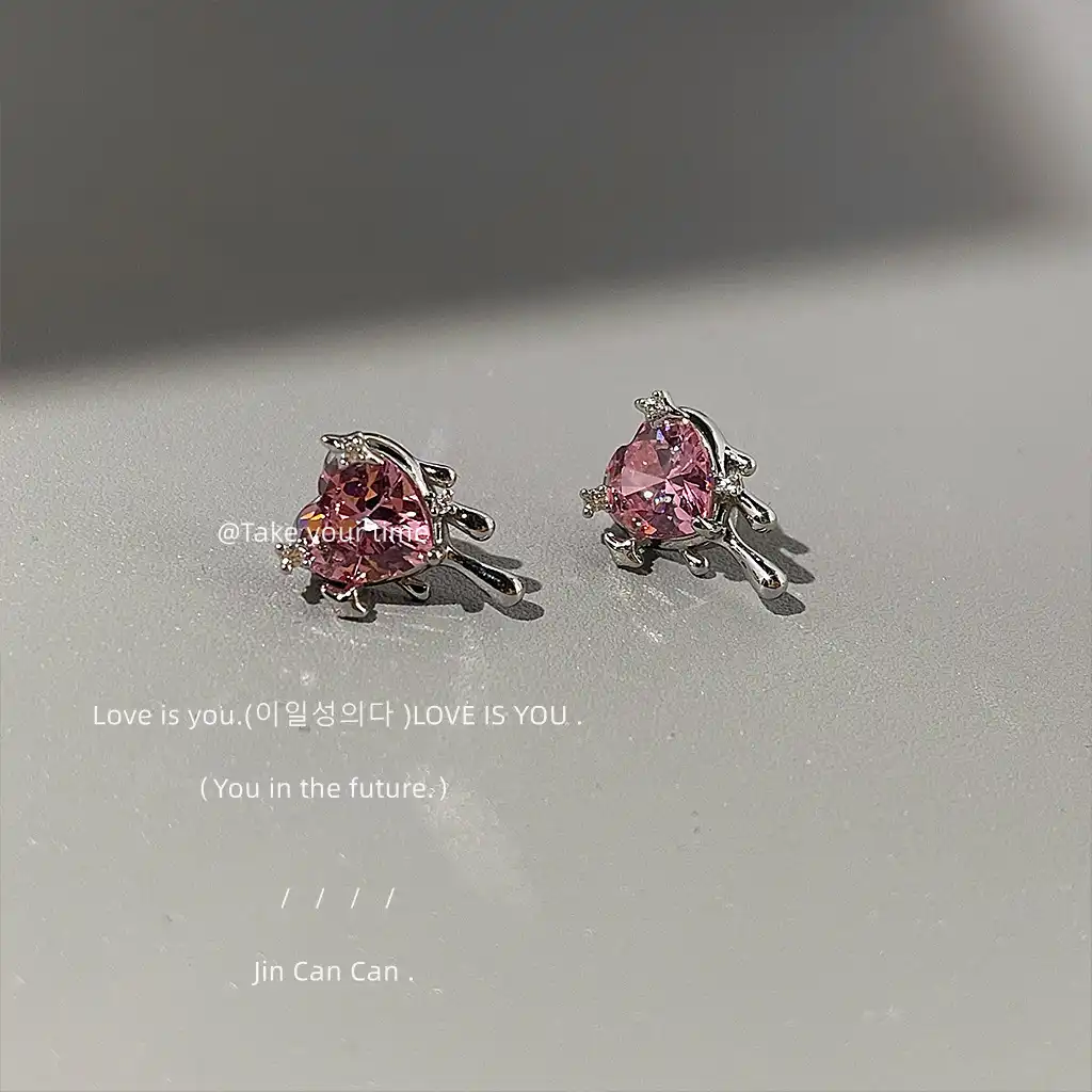 Pink Zircon 925 Silver Needle Liquid Heart Stud Earrings