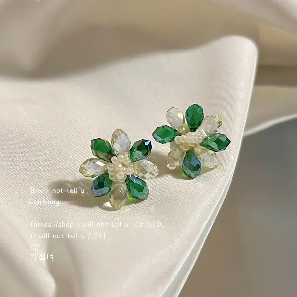 25 Silver Needle Green Crystal Glass Glazed Stud Earrings Handmade Beaded Earrings