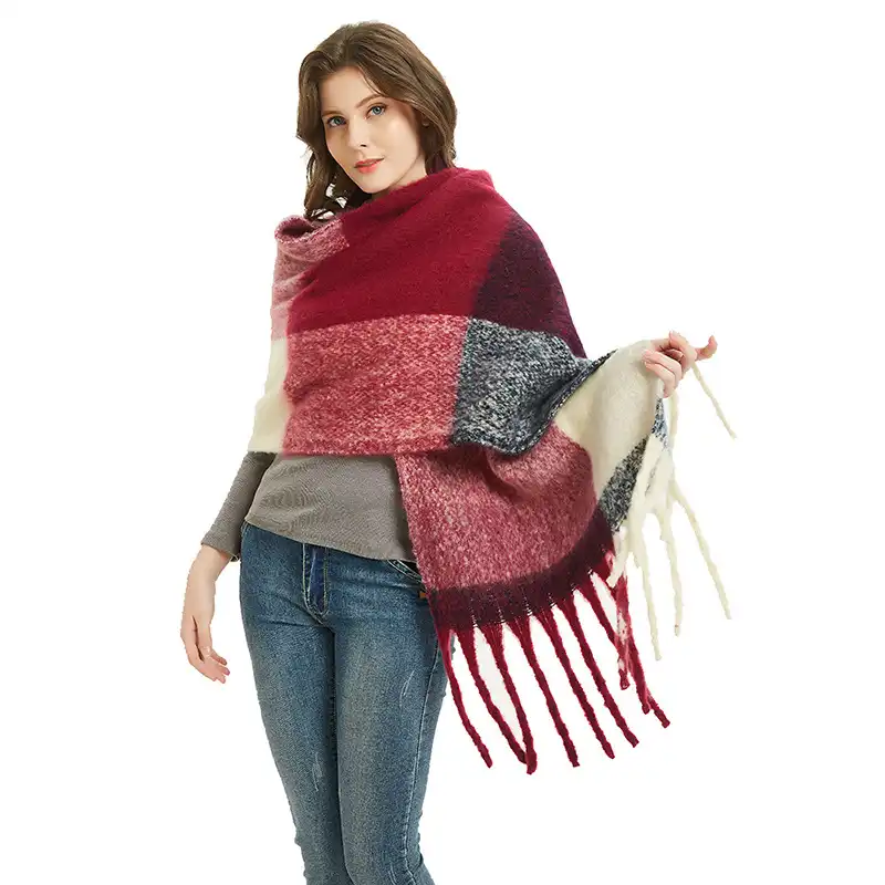 Looped sand coarse tassel large grid stripe scarf shawl 