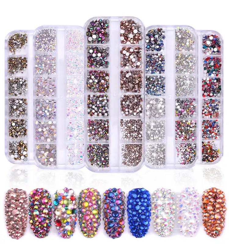 Nail Art Jewelry Set High Silver Flat Diamond AB Rhinestone Long Bar Box 1440pcs