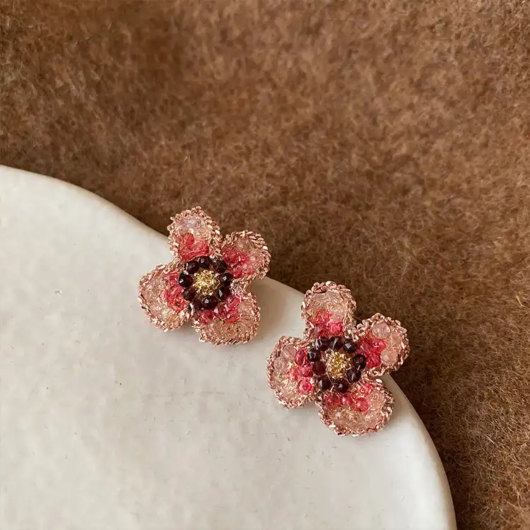 Pink Zircon Crystal Flower Stud Earrings Women Korean Retro Personality Earrings