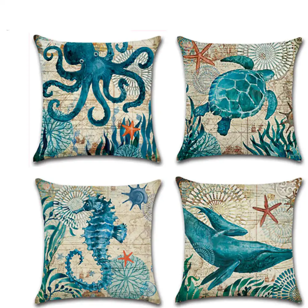 Classic marine life turtle seahorse whale octopus cushion cover linen pillowcase