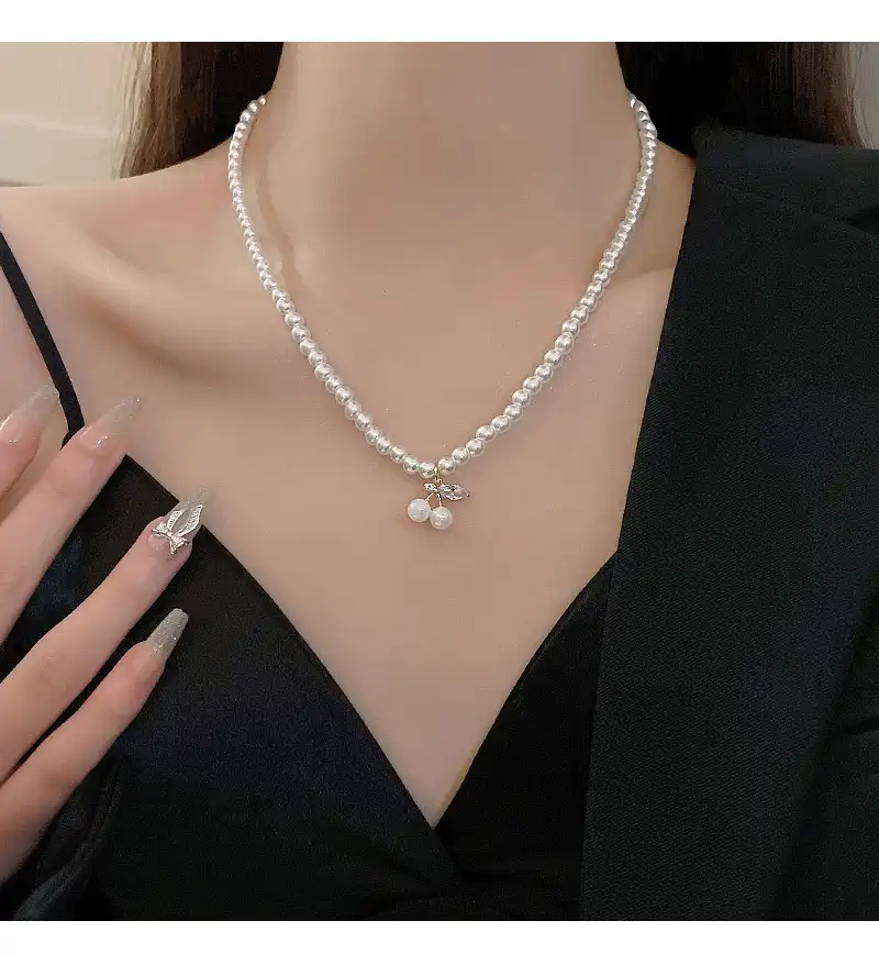 Korean style cherry pendant women's pearl necklace