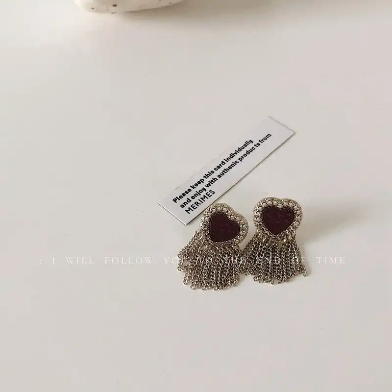 Retro French Heart Tassel Earrings Earrings S925 Silver Pin Peach Heart Earrings