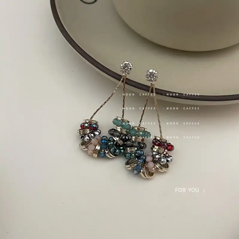 925 silver needle heavy industry crystal beaded tassel line earrings