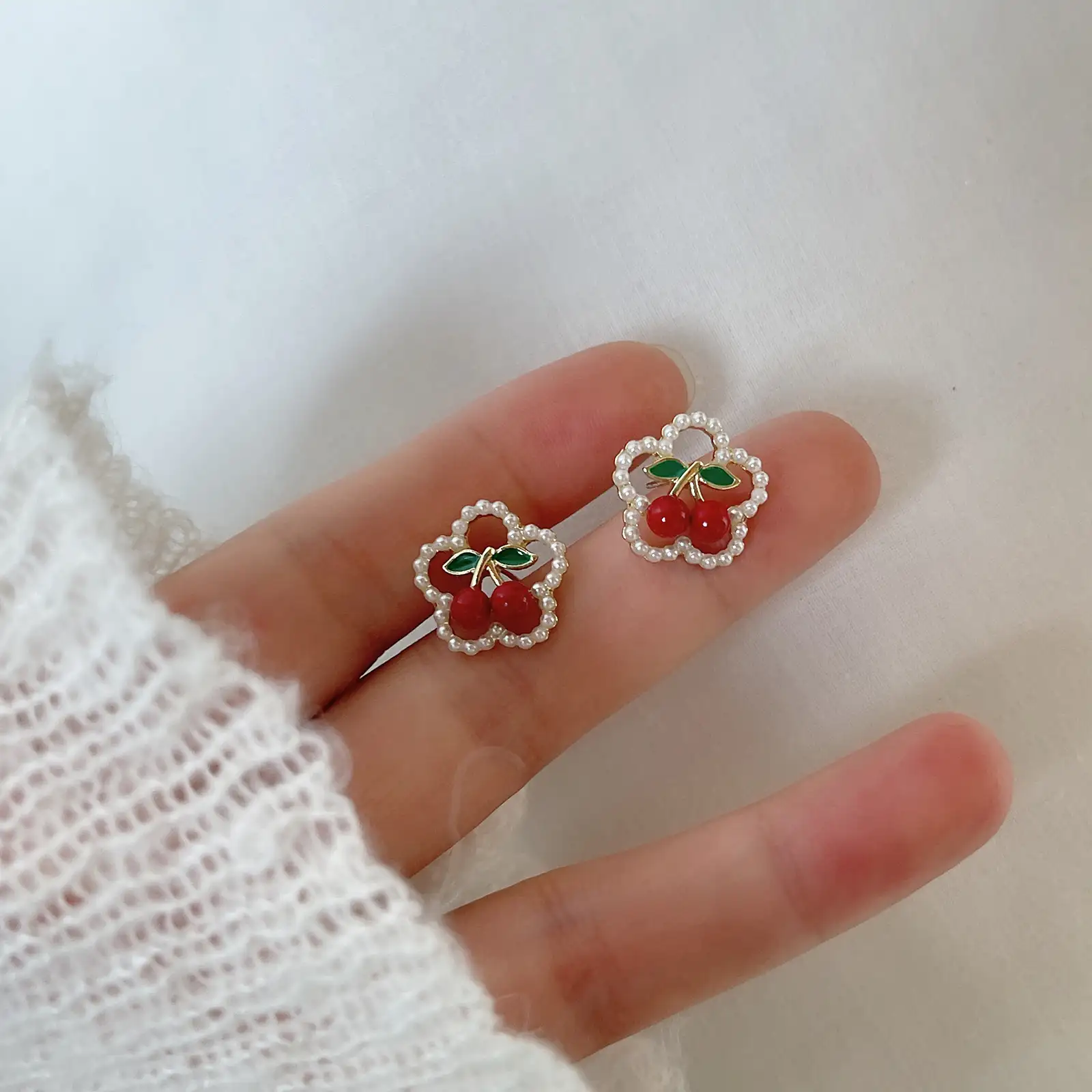 Red Cherry Pearl Flower Stud Earrings Cute Earrings