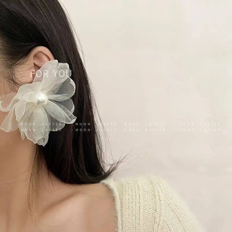 925 Silver Needle French Organza Large Flower Pearl Earrings