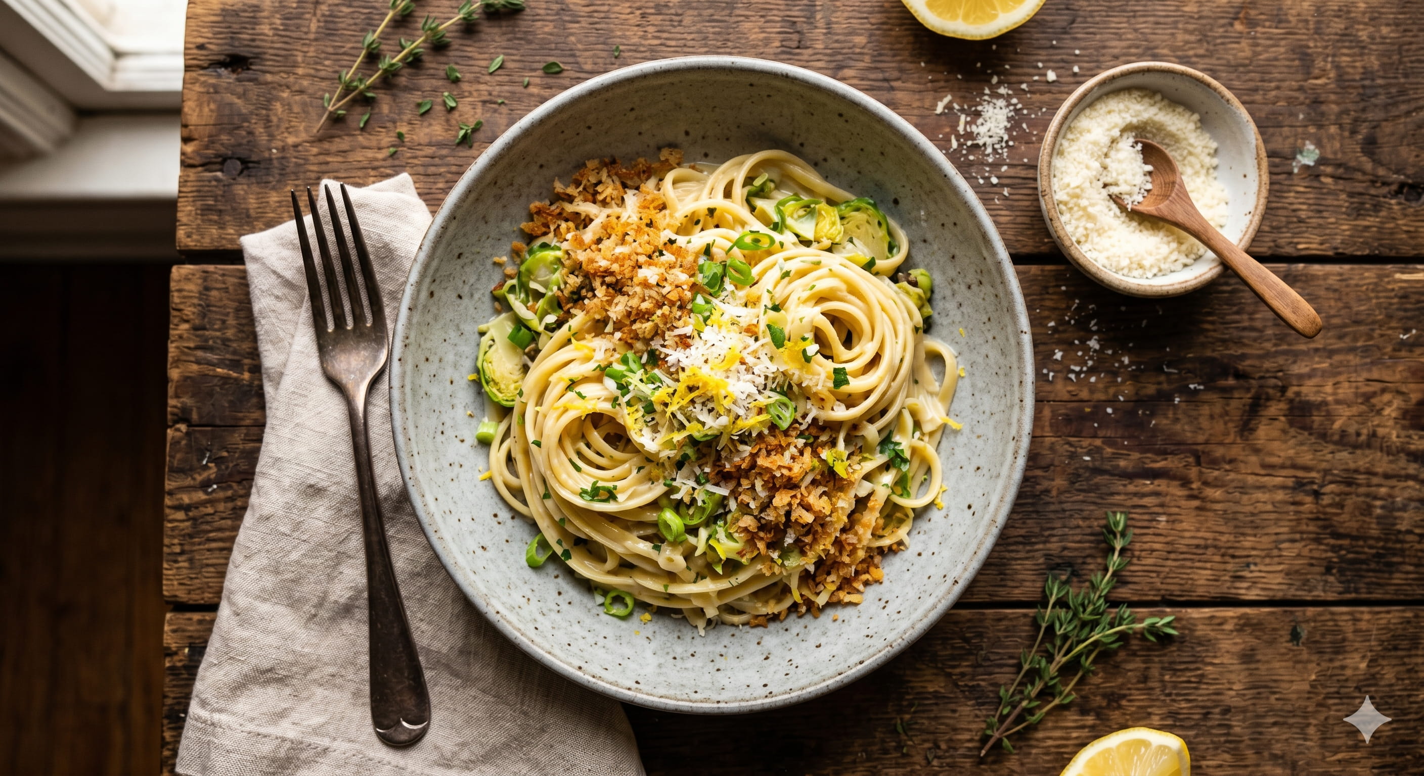 Linguine al limón con coles de Bruselas