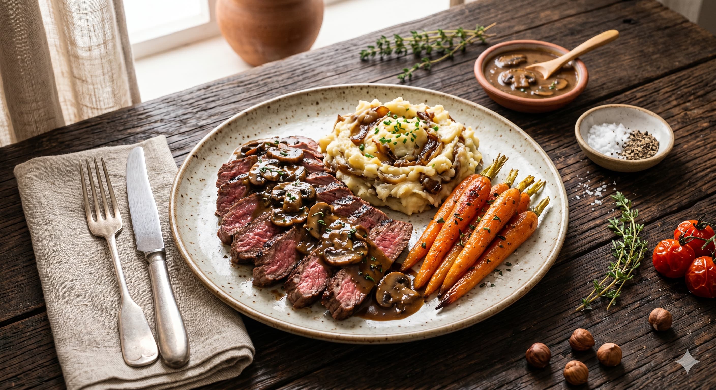Filete de res en salsa de champiñones