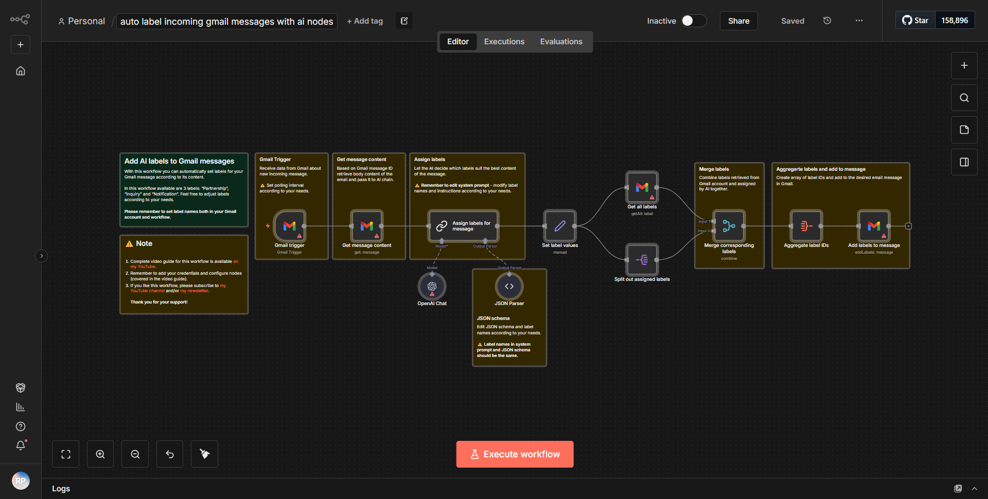 Automatically tag incoming Gmail emails using AI nodes