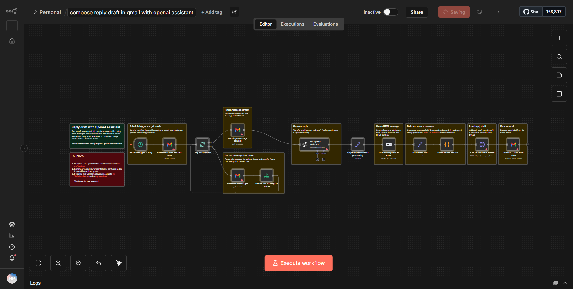 Create a response draft in Gmail using OpenAI Assistant