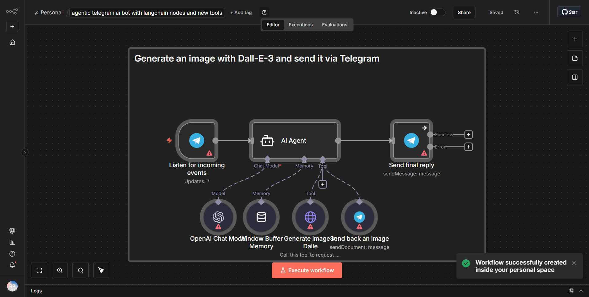 Agentic Telegram AI bot utilizing LangChain nodes and additional tools