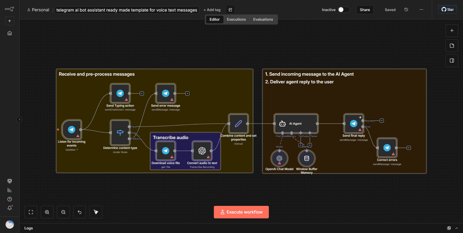 Telegram AI bot helper: pre-built template for audio and text communications.