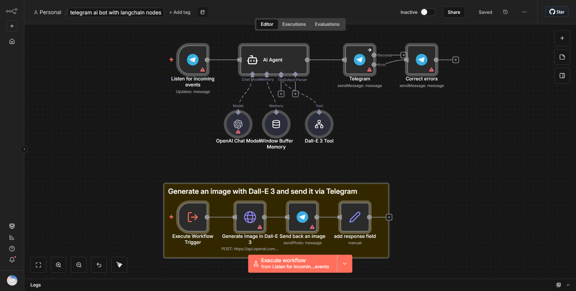 Telegram AI chatbot utilizing LangChain nodes