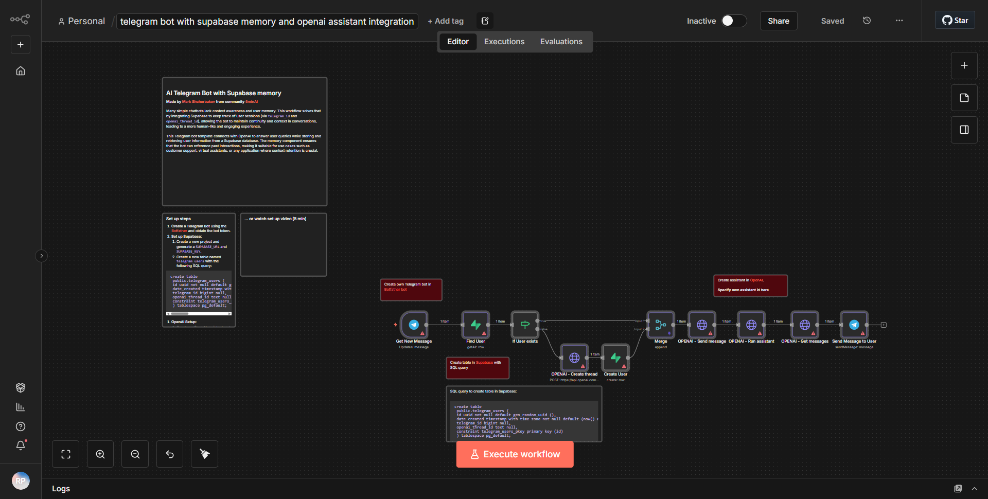 Telegram Bot integrated with Supabase storage and OpenAI assistant functionality