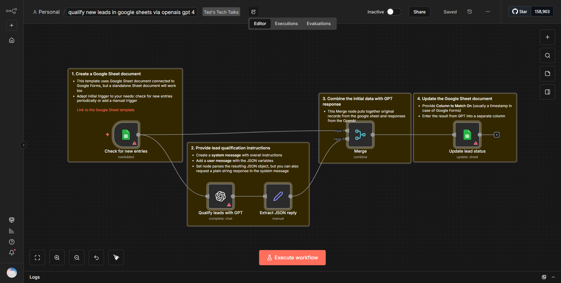 Assess new prospects in Google Sheets using OpenAI's GPT-4.