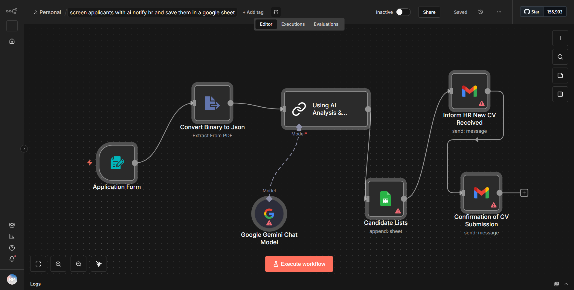 Evaluate Candidates Using AI, alert HR, and store data in a Google Sheet.