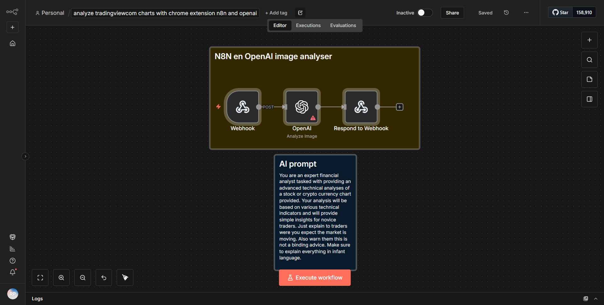 Examine charts from tradingview.com using a Chrome extension, N8N, and OpenAI.