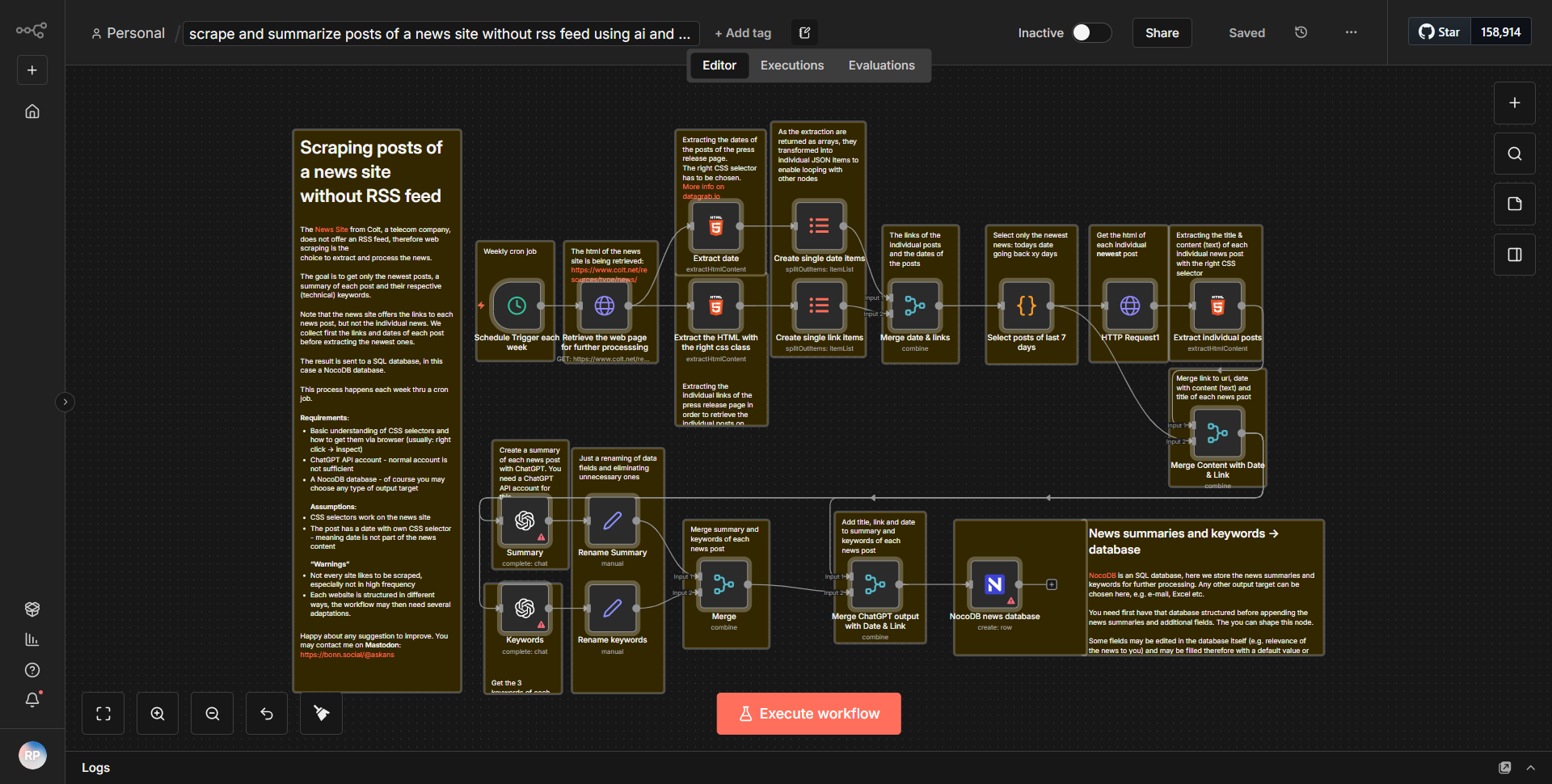 Extract and condense articles from a news website lacking an RSS feed utilizing AI, and store the results in NocoDB.