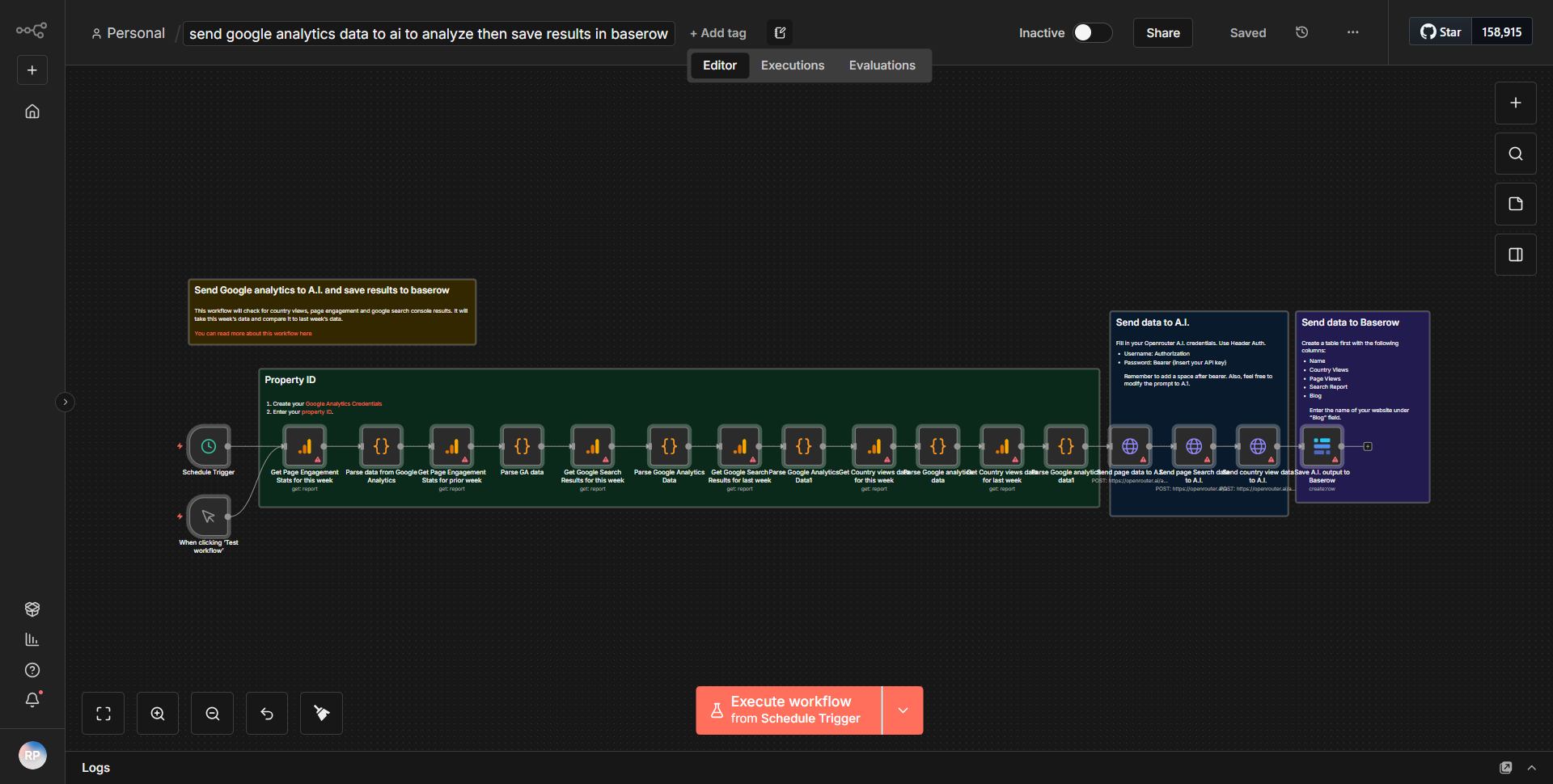Transmit Google Analytics information to A.I. for analysis and subsequently store the outcomes in Baserow.