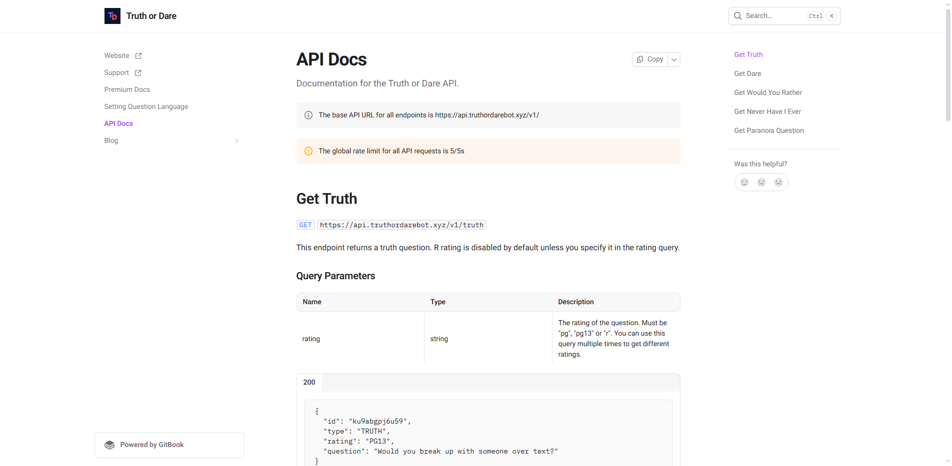 Truth or Dare API