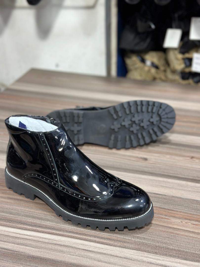 Men's High-Shine Patent Leather Wingtip Zip Boots