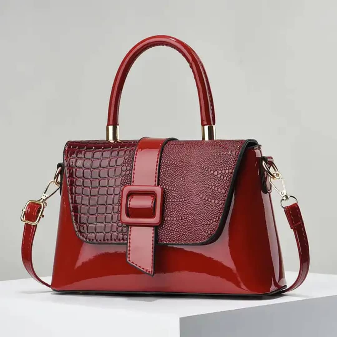Women's Glossy Patent Leather Structured Satchel with Buckle Flap